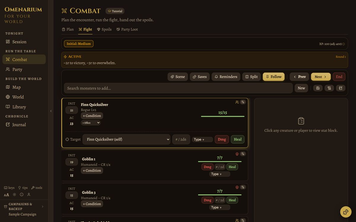 The combat tracker mid-fight: initiative order, HP bars, a difficulty badge and a smart target suggestion.