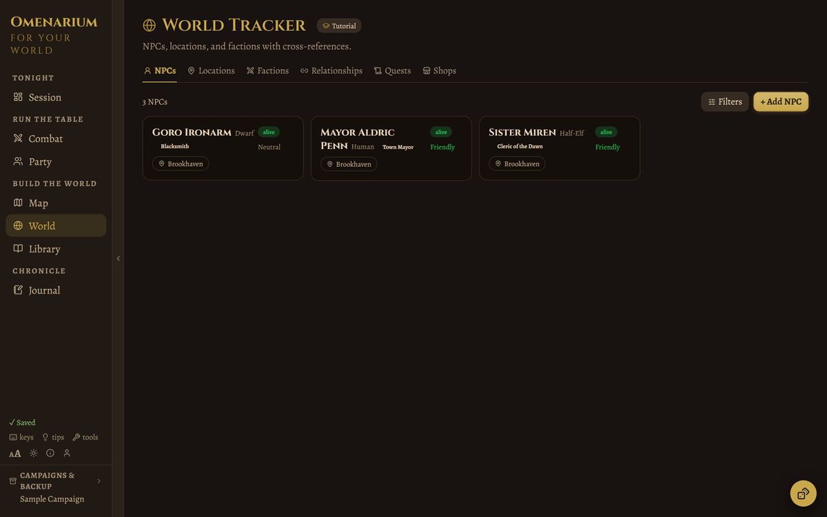 The world tracker showing NPC cards with status, disposition and home location.